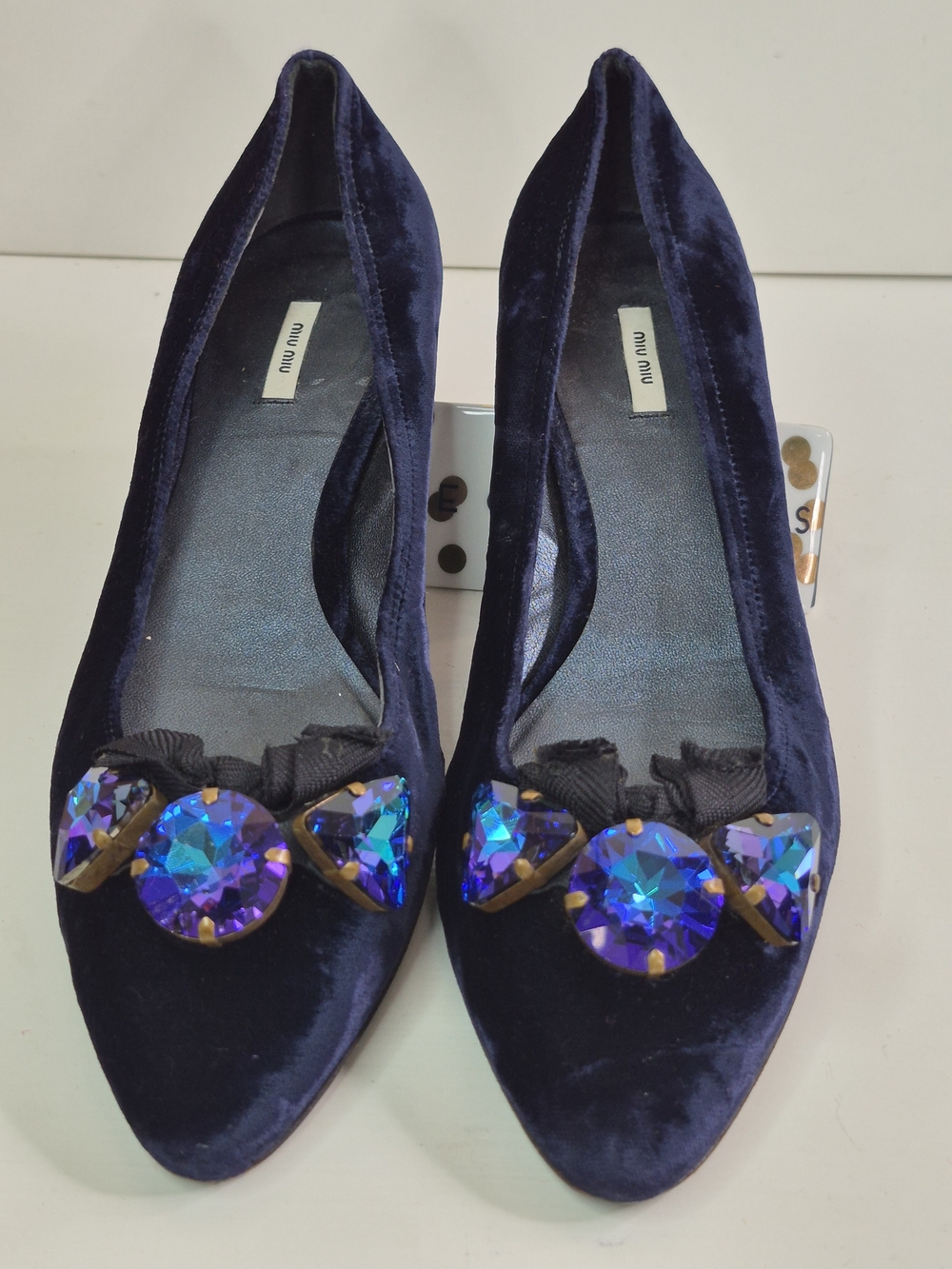 Miu Miu Navy Velvet Jeweled Pointed Flats